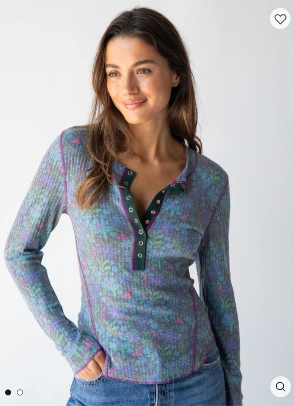 Natural Life Sz Med "Reagan"Floral Ribbed Henley Long-Sleeve Top - Blue